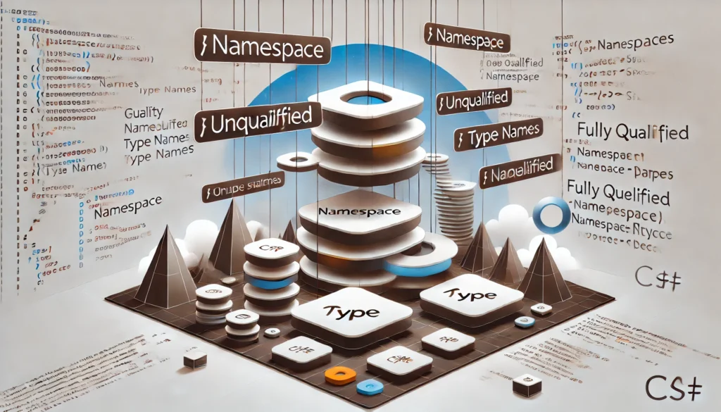 Ilustração representando nomes de namespace e tipos em C#, destacando exemplos de nomes qualificados e não qualificados em um ambiente de codificação moderno, com caminhos de namespace totalmente qualificados.