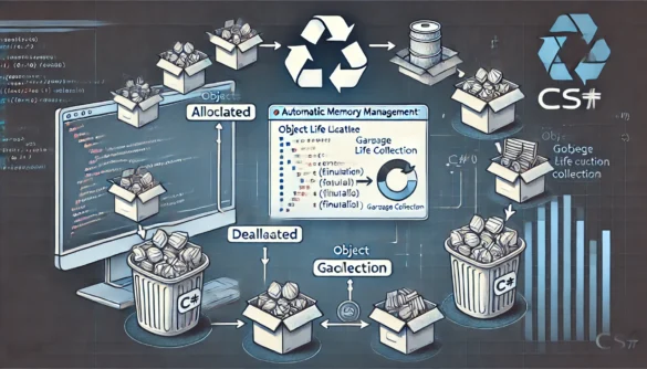 Ilustração representando o gerenciamento automático de memória em C# usando o coletor de lixo, destacando objetos sendo alocados e desalocados em um ambiente de codificação, com fases de ciclo de vida dos objetos, incluindo finalização e coleta de lixo.