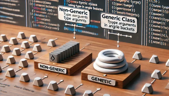 Representação visual de tipos genéricos em C#, mostrando a diferença entre uma classe não genérica e uma classe genérica usando argumentos de tipo com uma estrutura de fila.