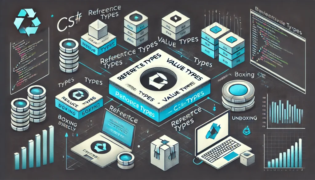 Ilustração representando as diferenças entre tipos de referência e tipos de valor em C#, mostrando como os tipos de valor armazenam dados diretamente e os tipos de referência armazenam referências para objetos, com destaque para conceitos como boxing, unboxing e tipos dinâmicos.