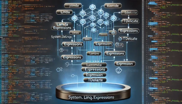 Representação visual de árvores de expressão em C#, mostrando como uma expressão lambda é convertida em uma estrutura de árvore de dados usando System.Linq.Expressions.Expression.