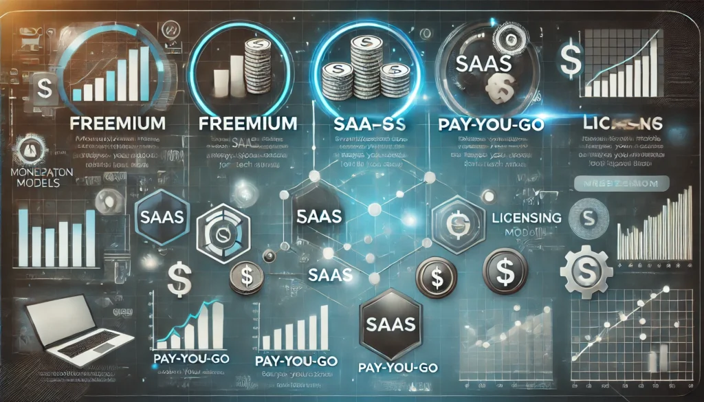 Gráfico de diferentes modelos de monetização para startups tech, com destaque para modelos como freemium, SaaS e licenciamento, mostrando as opções de pricing para produtos digitais.