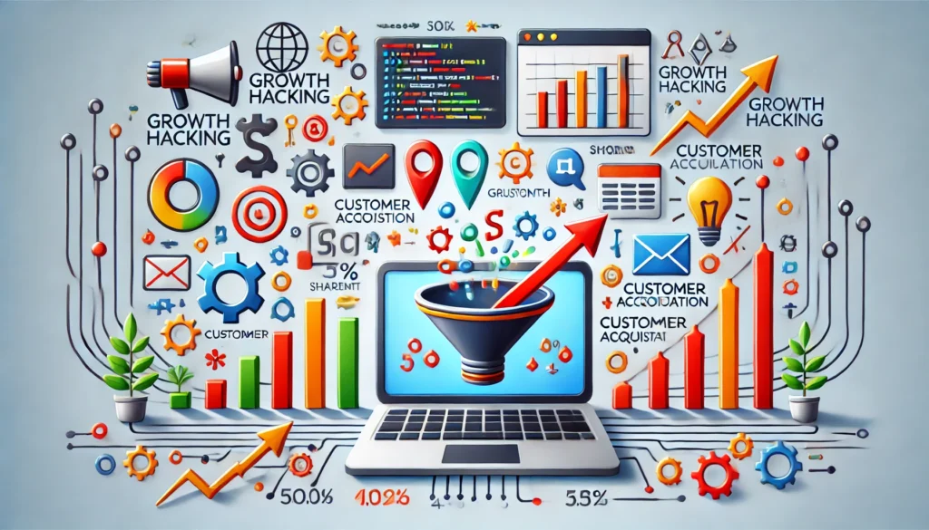 Gráfico ilustrando táticas de Growth Hacking para programadores aplicando automação, SEO, e integrações de APIs para crescimento de produtos.