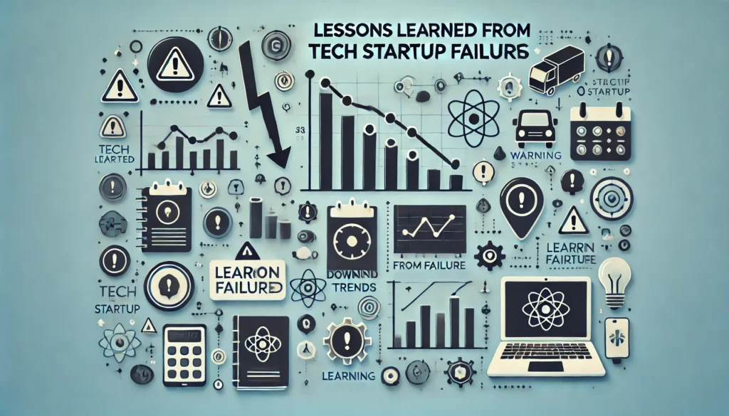 Imagem ilustrando o conceito de startups tech com sinais de falhas, como gráficos de queda e ícones de alerta, destacando as lições de casos reais.