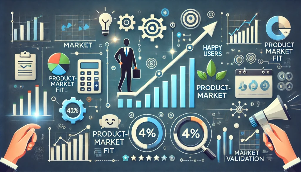 Imagem ilustrando o conceito de Product-Market Fit com elementos de gráficos de crescimento, usuários satisfeitos e sinais de validação de mercado.