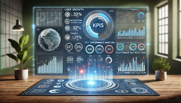 Painel de métricas e gráficos mostrando KPIs de sucesso de um produto tech, com foco em crescimento, retenção e satisfação do usuário.