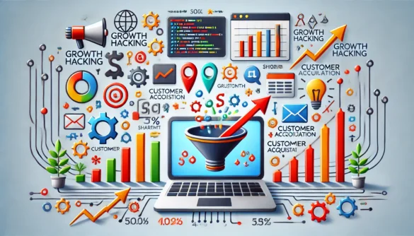 Gráfico ilustrando táticas de Growth Hacking para programadores aplicando automação, SEO, e integrações de APIs para crescimento de produtos.