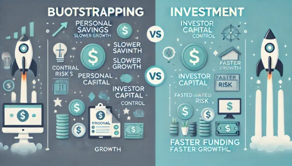 Comparação visual entre as vantagens e desvantagens do bootstrapping e investimento externo para financiar uma startup.