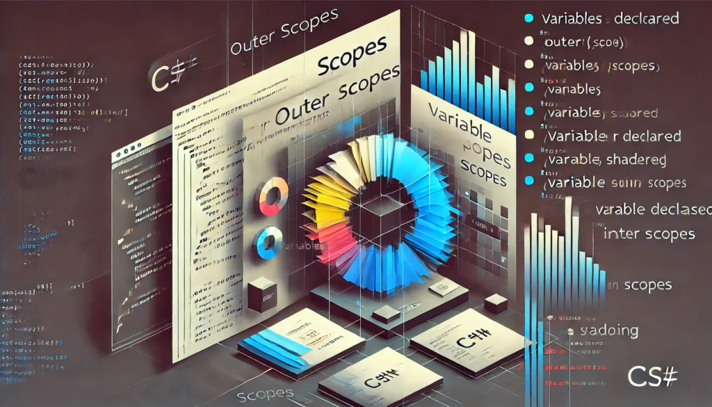 Ilustração representando escopos em C#, mostrando variáveis em blocos aninhados e como os nomes são acessíveis ou ocultos em diferentes regiões de código. Destaca o sombreamento de variáveis em escopos internos e externos.