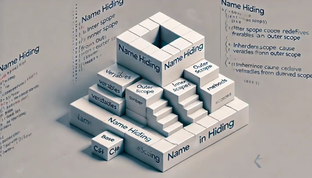 Ilustração representando a ocultação de nomes em C#, com blocos aninhados mostrando variáveis e métodos em escopos internos e externos, e como a herança oculta nomes entre classes base e derivadas.