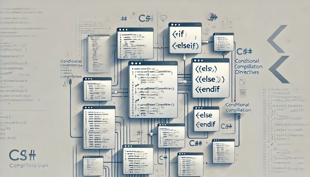 Ilustração representando diretivas de compilação condicional no C#, com trechos de código mostrando as diretivas #if, #else, e #endif, destacando seções de código incluídas ou excluídas com base nas condições de compilação.