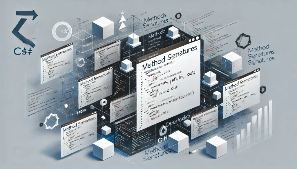 Ilustração representando assinaturas e sobrecarga de métodos em C#, com exemplos de métodos sobrecarregados e diferentes modificadores como ref, in, e out, em um ambiente de programação moderno.