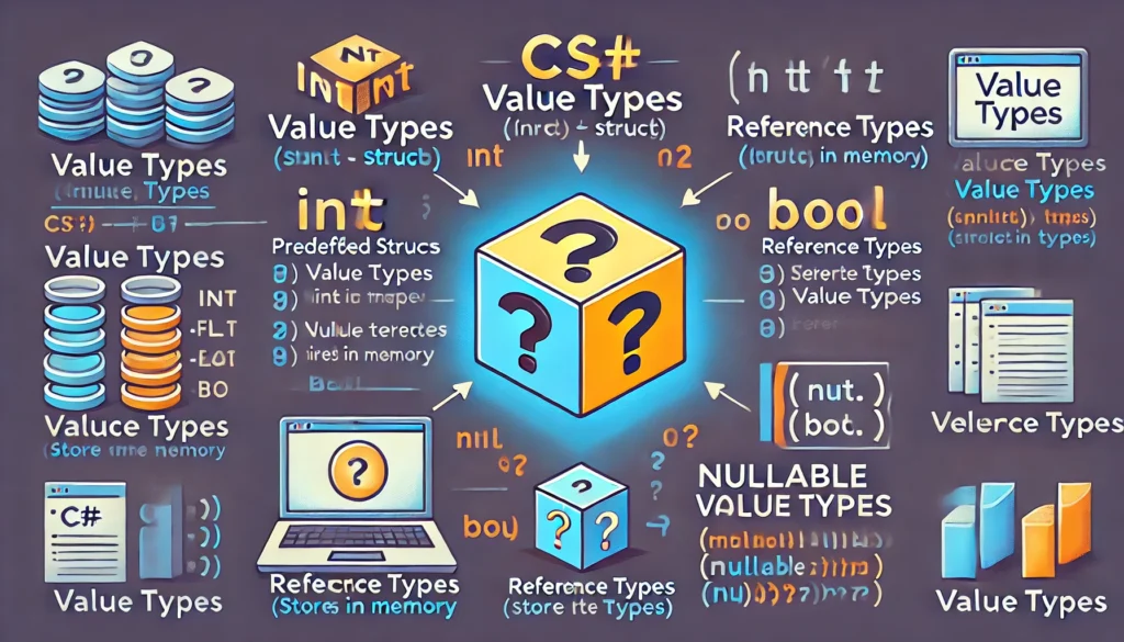 Uma ilustração representando os tipos de valor em C#, incluindo exemplos de structs predefinidos como int, float e bool, mostrando a diferença entre tipos de valor e tipos de referência, com tipos de valor anuláveis representados por um símbolo de interrogação.