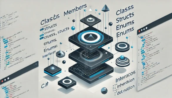 Ilustração representando membros em entidades do C# como classes, structs, enums e interfaces, destacando o acesso aos membros e a herança, com código e notação de ponto em um ambiente de programação moderno.