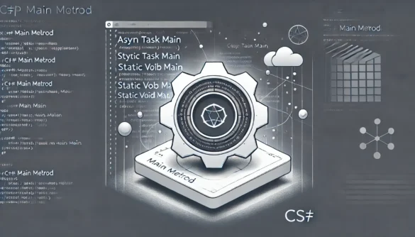 Ilustração representando o método Main em C# como ponto de entrada de uma aplicação, destacando variações como async Task Main e static void Main, com representações abstratas de domínios de aplicação e isolamento de instâncias.