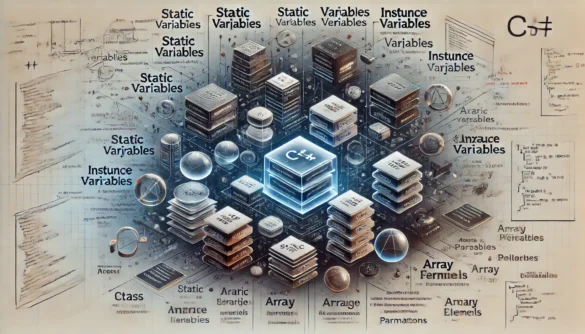 Ilustração das diferentes categorias de variáveis em C#, incluindo variáveis estáticas, de instância, parâmetros e elementos de array, com referências a métodos e estruturas de memória.